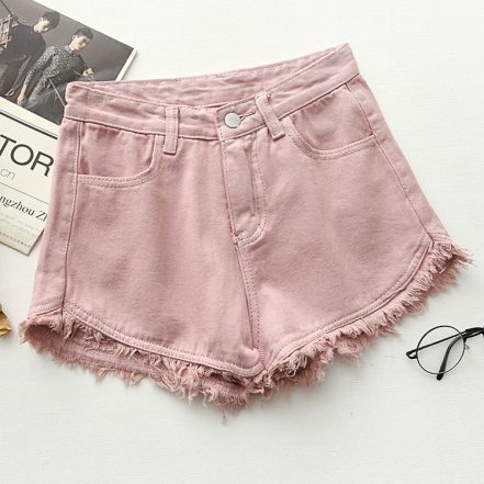 Quần Short Jean Nữ trơn tua lai màu hồng