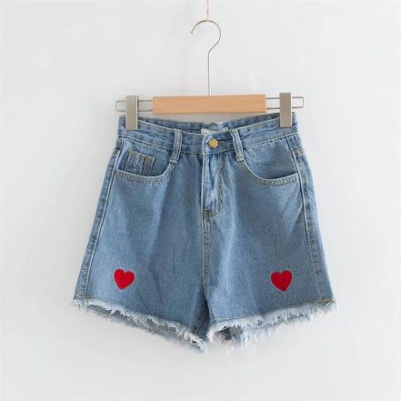 Quần Short Nữ Lưng Cao Thêu Tim xanh đậm